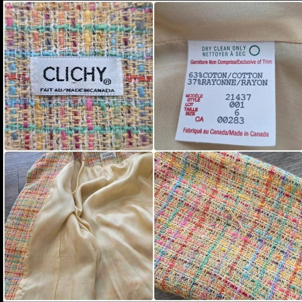 Clichy Vintage Pastel Multicolor Tweed Skirt Suit Set Yellow Pink Blue 6